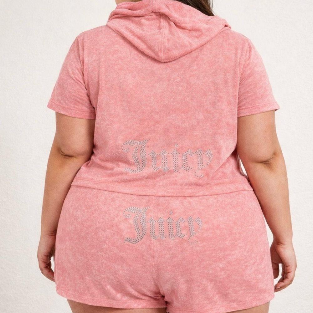 Juicy Couture Pink Hoodie and Shorts Set rhinestone detail terry cloth pockets